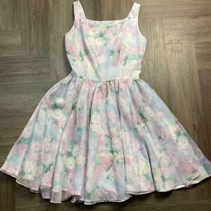 Vintage Lanz RSVP Floral Chiffon Fit & Flare Sleeveless Dress Small Pink White